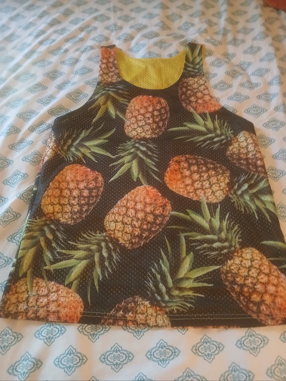 Pineapple Print Mesh Tank Top - Black, Yellow, Green Urban Outfitters